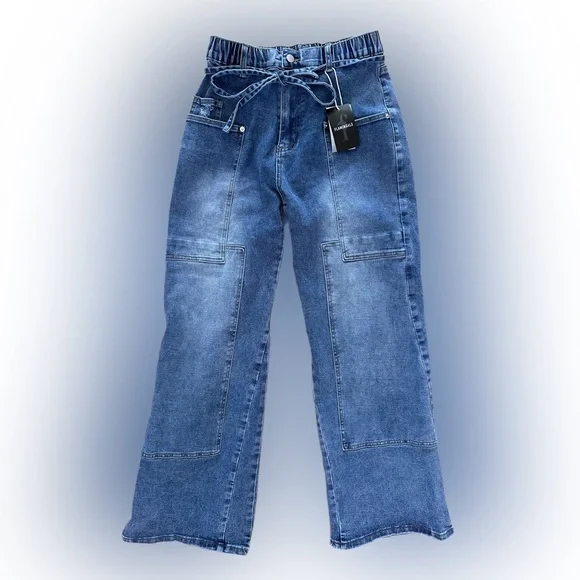 Denim Wide-Leg Jeans with Drawstring Waist - Picture 3 of 8